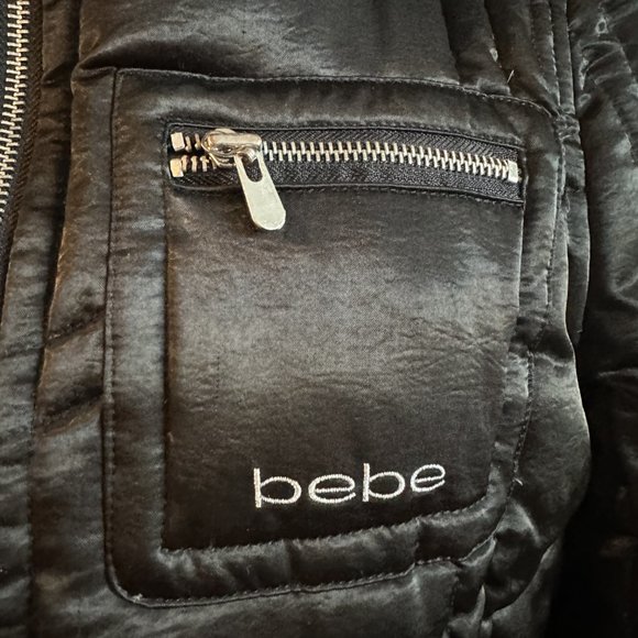 BEBE Long Black Satin Down Puffer Coat SIZE SM - Picture 5 of 10